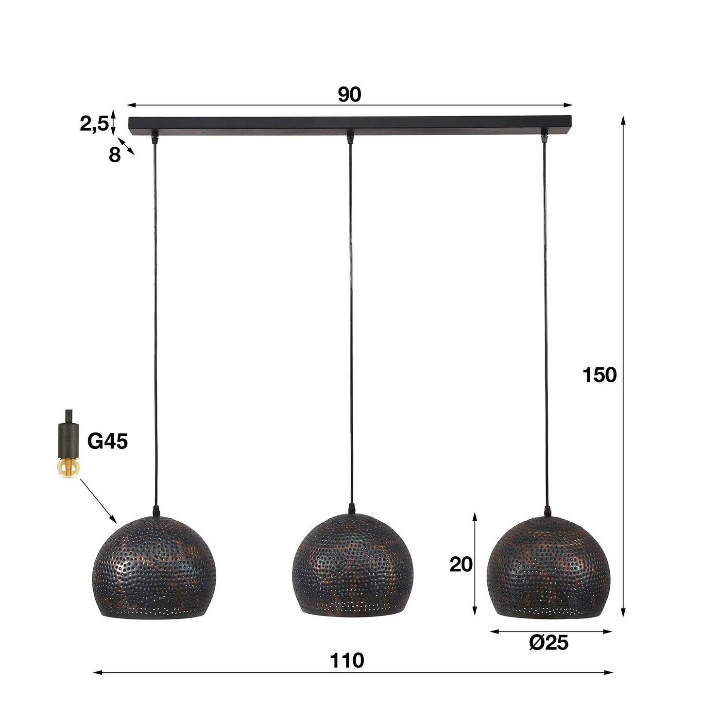 Hanglamp 3L met bolvormige kappen