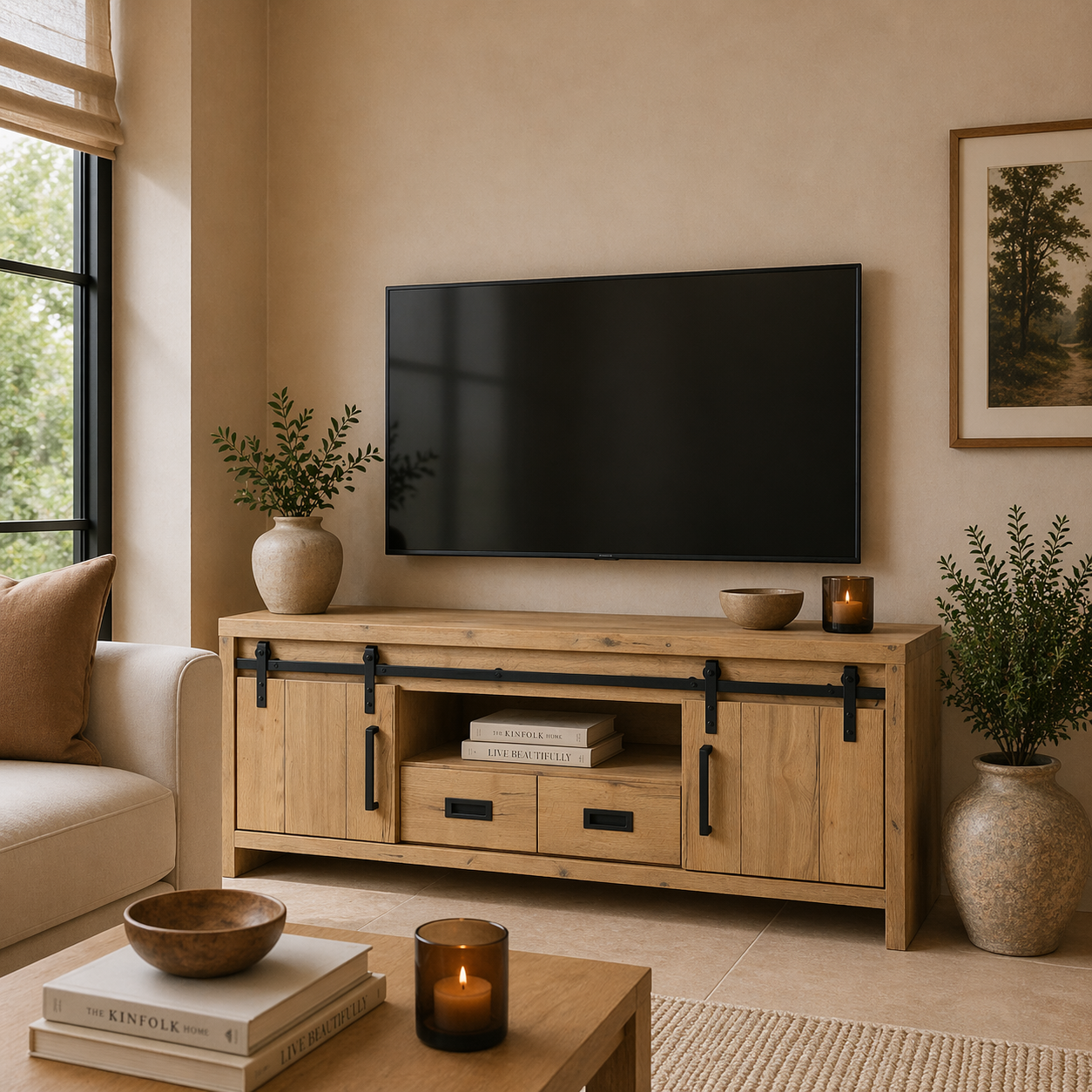 Cottage TV cabinet large 2 DR/2 LA/1 OPEN