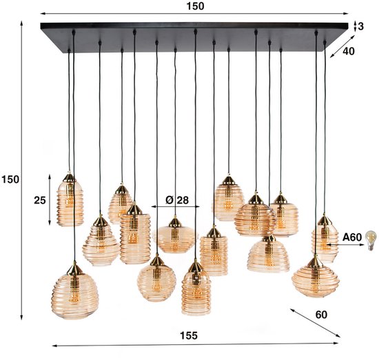 Hanglamp Rib Glass 5+5+5 lichts / Amber glas