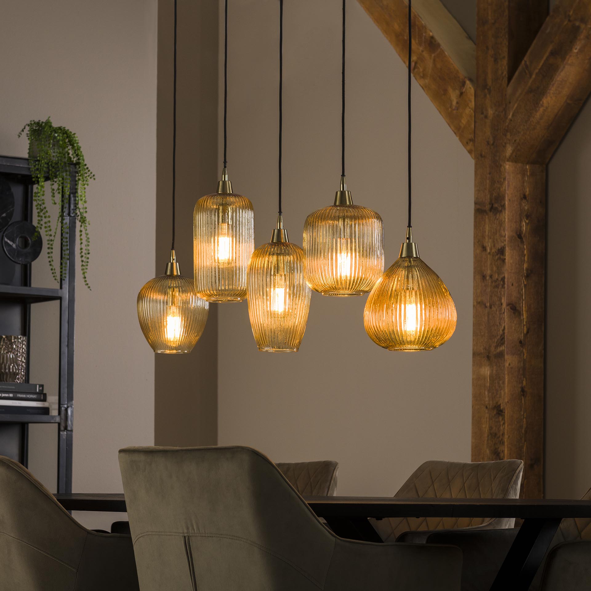 Hanglamp Amberglas - 5 verstelbare kappen