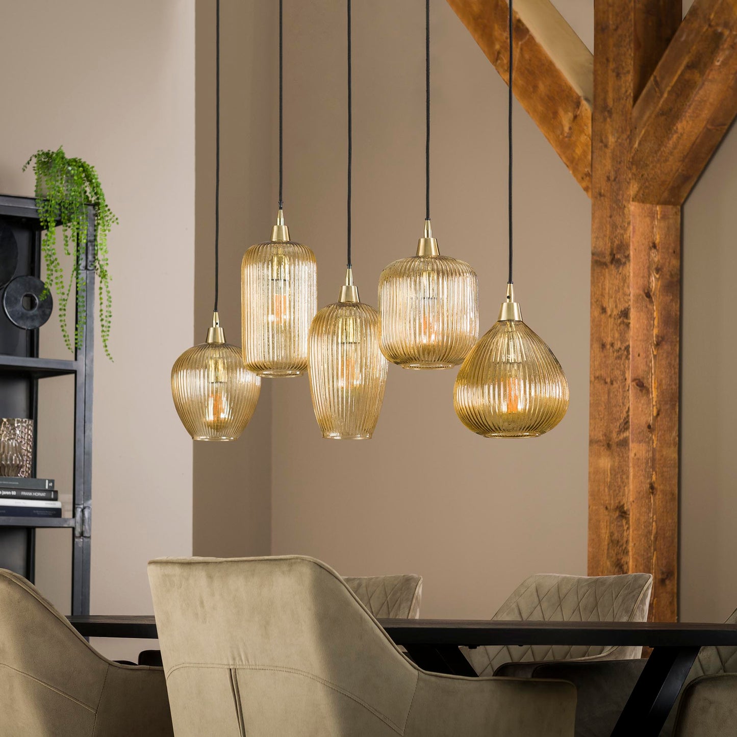 Hanglamp Amberglas - 5 verstelbare kappen