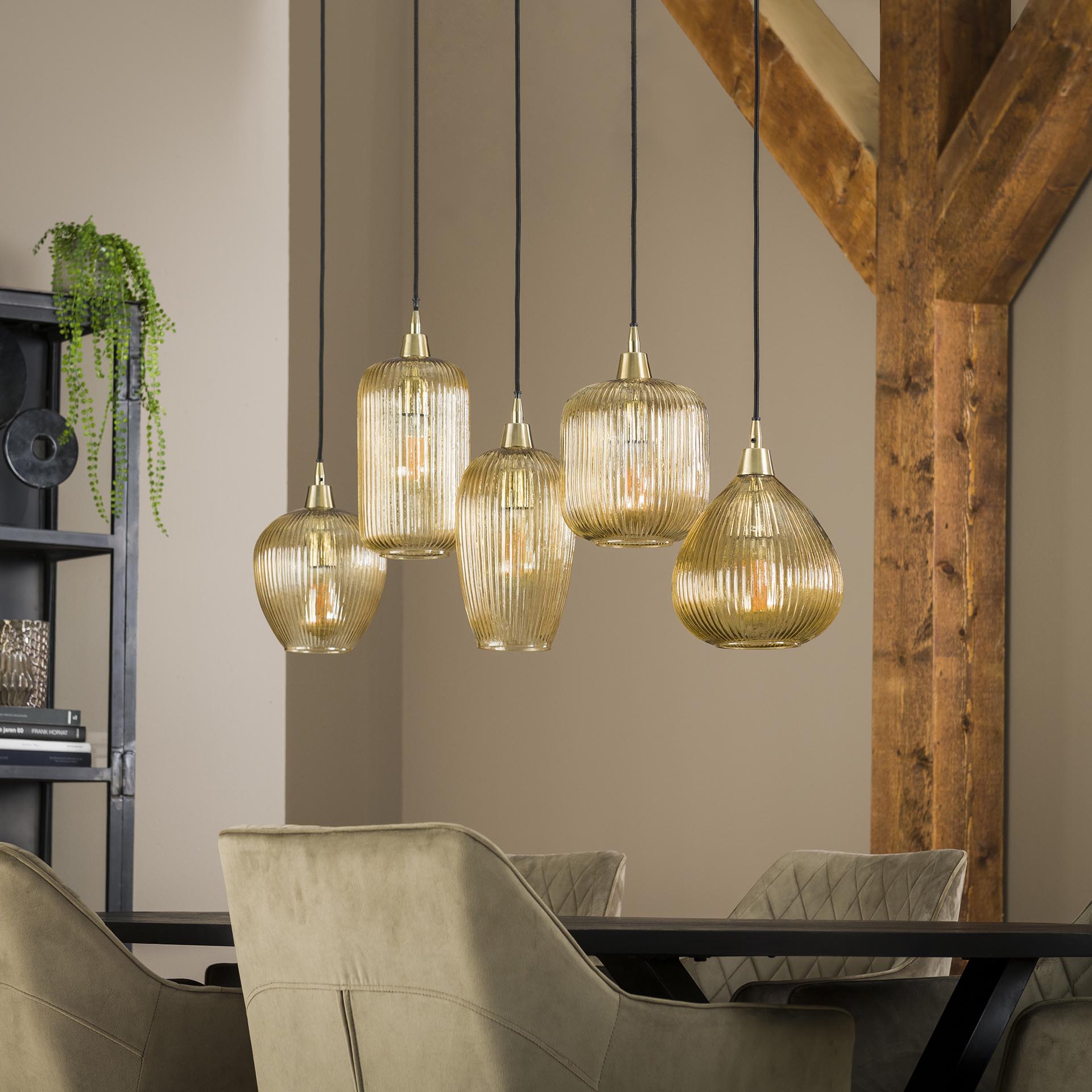 Hanglamp Amberglas - 5 verstelbare kappen
