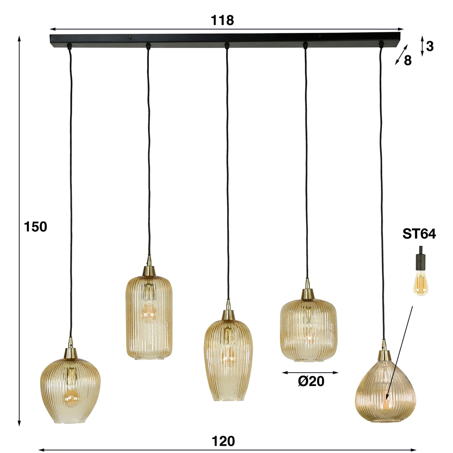 Hanglamp Amberglas - 5 verstelbare kappen