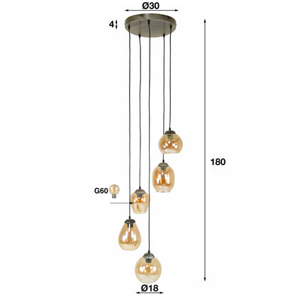Hanglamp 5L amberglas verstelbaar