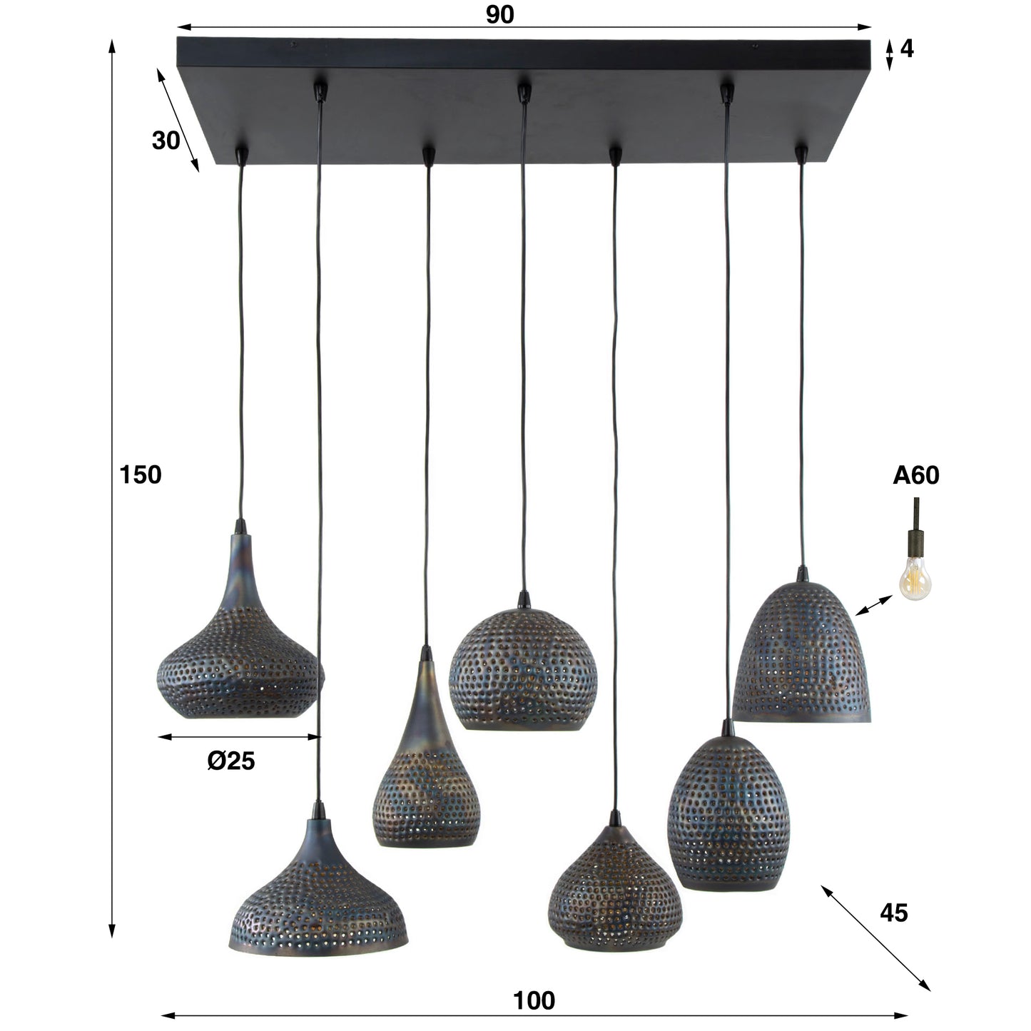 Hanglamp 7L met verstelbare lampenkappen