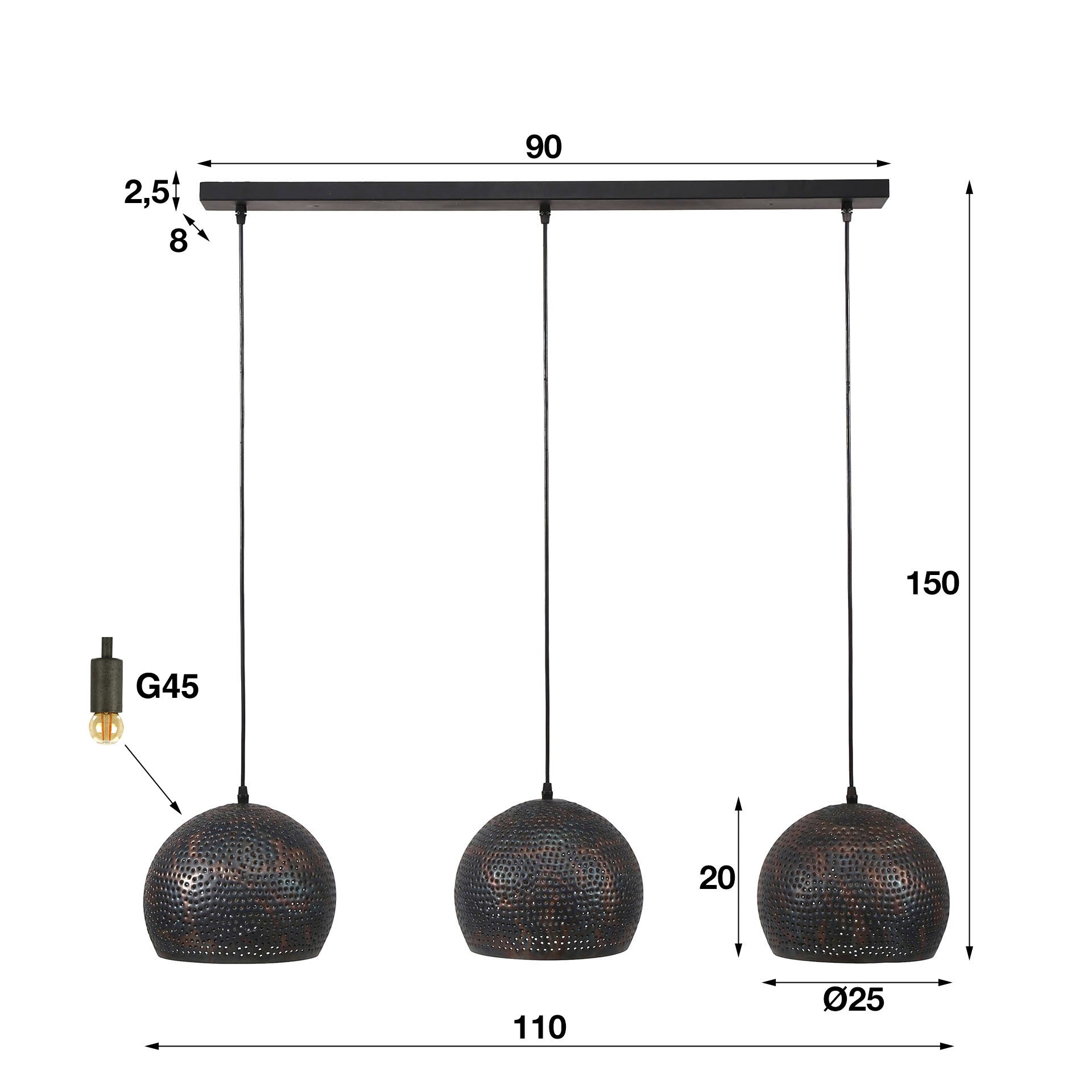 Hanglamp 3L met bolvormige kappen